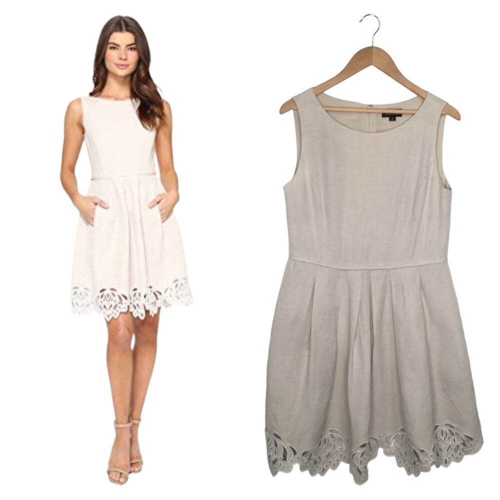 Tahari Dress Womens 10 Linen Eyelet Lace Hem Sleeveless Fit Flare Pockets Beige